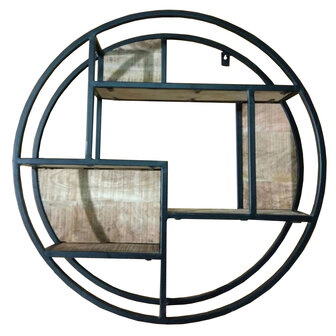 Industri&euml;le ronde Mangohouten Wandrek met een zwart stalen gepoedercoat frame 80cm