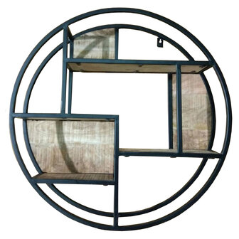 Industri&euml;le ronde Mangohouten wandrek met zwart gepoedercoat stalen frame 100cm