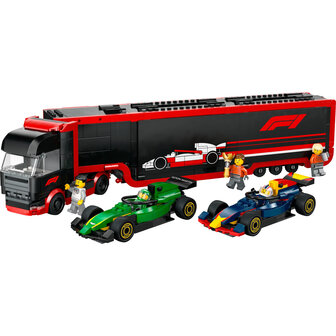 LEGO City F1 truck met RB20 en AMR24 F1 auto&#039;s