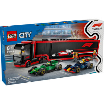 LEGO City F1 truck met RB20 en AMR24 F1 auto&#039;s