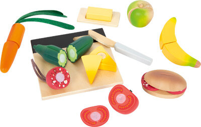 Lunchbox met snijdbare houten groente en fruit